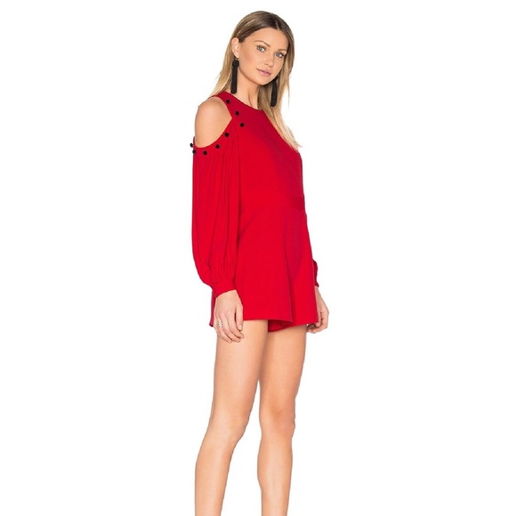 ALEXIS Red Cold Shoulder Button Accent Long Sleeve Shorts Romper - Picture 9 of 11